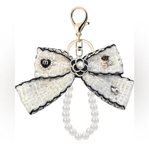 Elegant White Bow Keychain or Bag Charm with Pearls